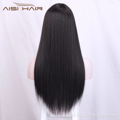 Aisi Hair Top Quality 24 Inch Long Silky Straight Black Lace Wig With Bangs Cheap Synthetic Hair Lace Front Wigs For Women